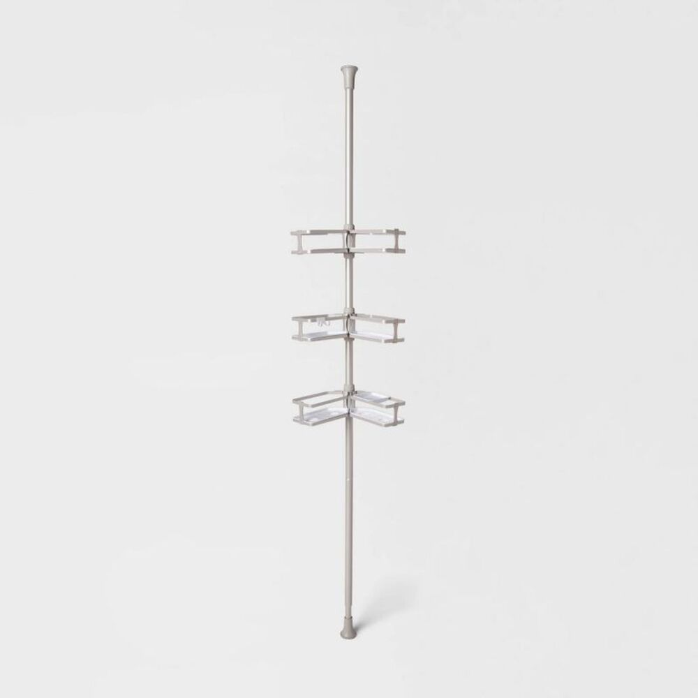 Aluminum Corner Tension Pole Caddy Gray : Bath Organizer with Adjustable Shelves